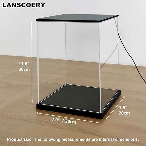 Miniatura 6 de LANSCOERY Vitrina de acrílico transparente con doble luz, soporte de caja de exhibición de cubo con base negra, escaparate de protección a prueba de