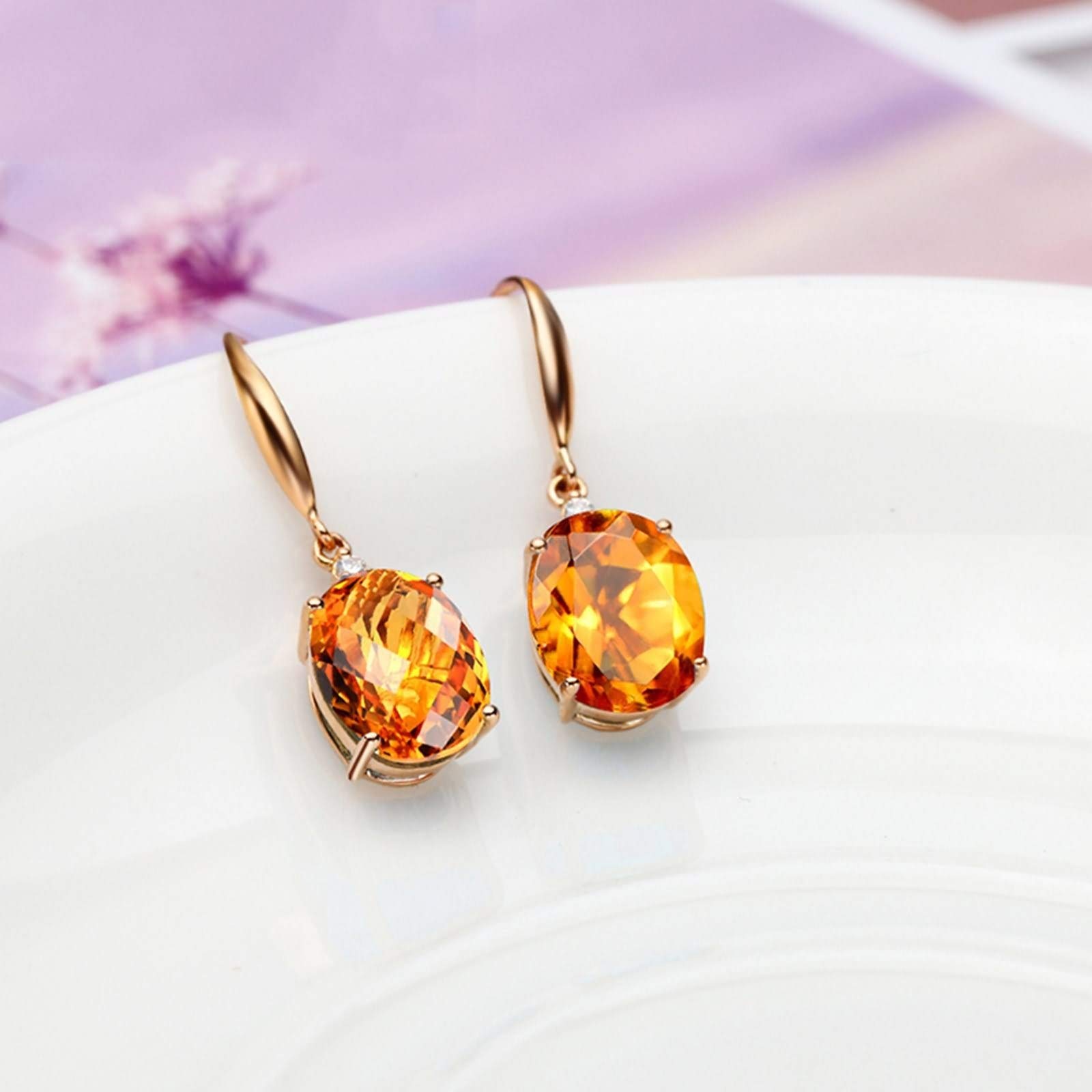 KnSam Echter Goldschmuck Damen Ohrringe aus 18K Rosegold, Oval Form mit 8ct Citrin Ohrschmuck Abendschmuck Damenohrringe
