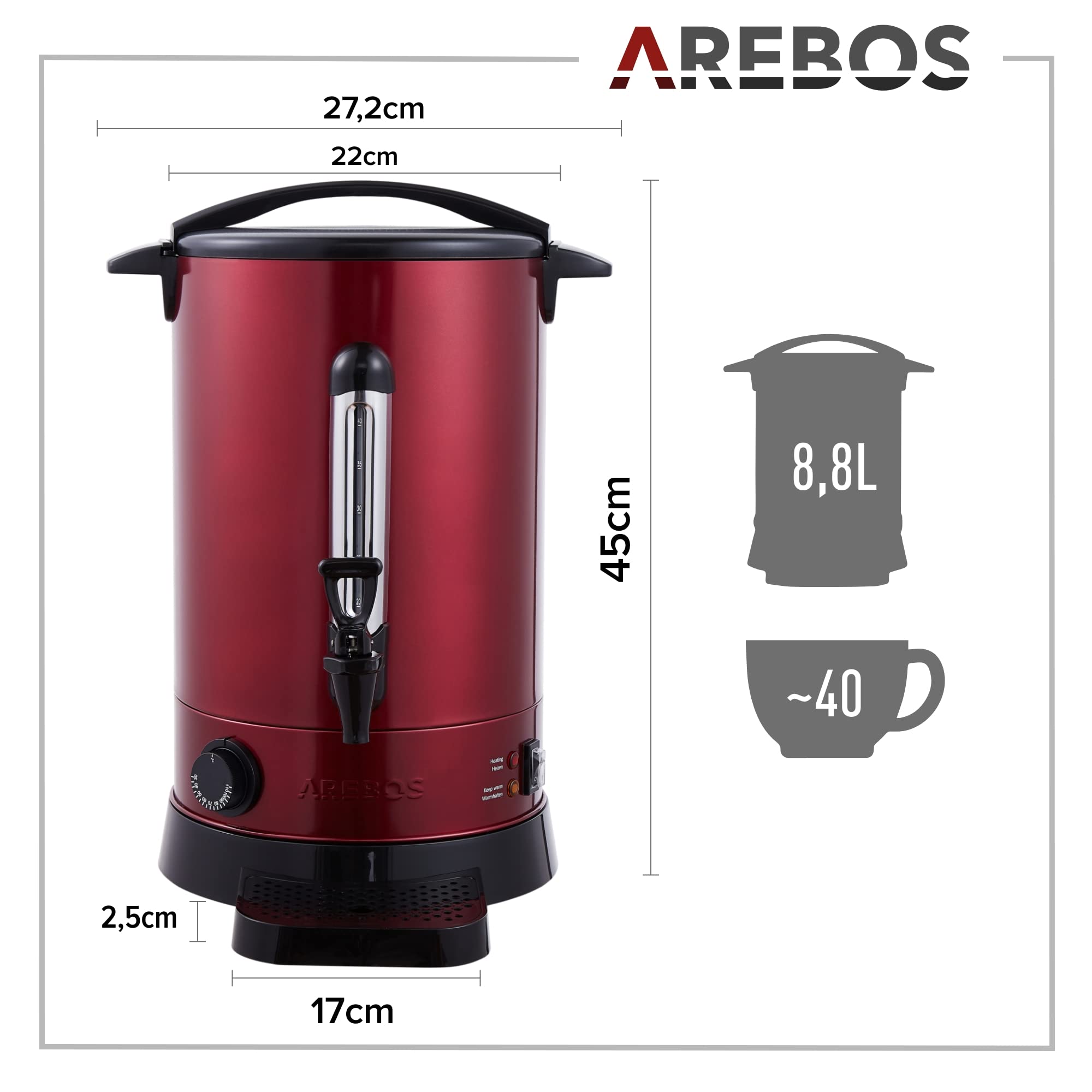 Arebos Glühweinkocher 950 W | Heißgetränkespender | 8,8 L | mit Auffangschale, Auslasshahn, Thermostat und Überhitzungsschutz | Temperatureinstellung von 30-110°C | Rot