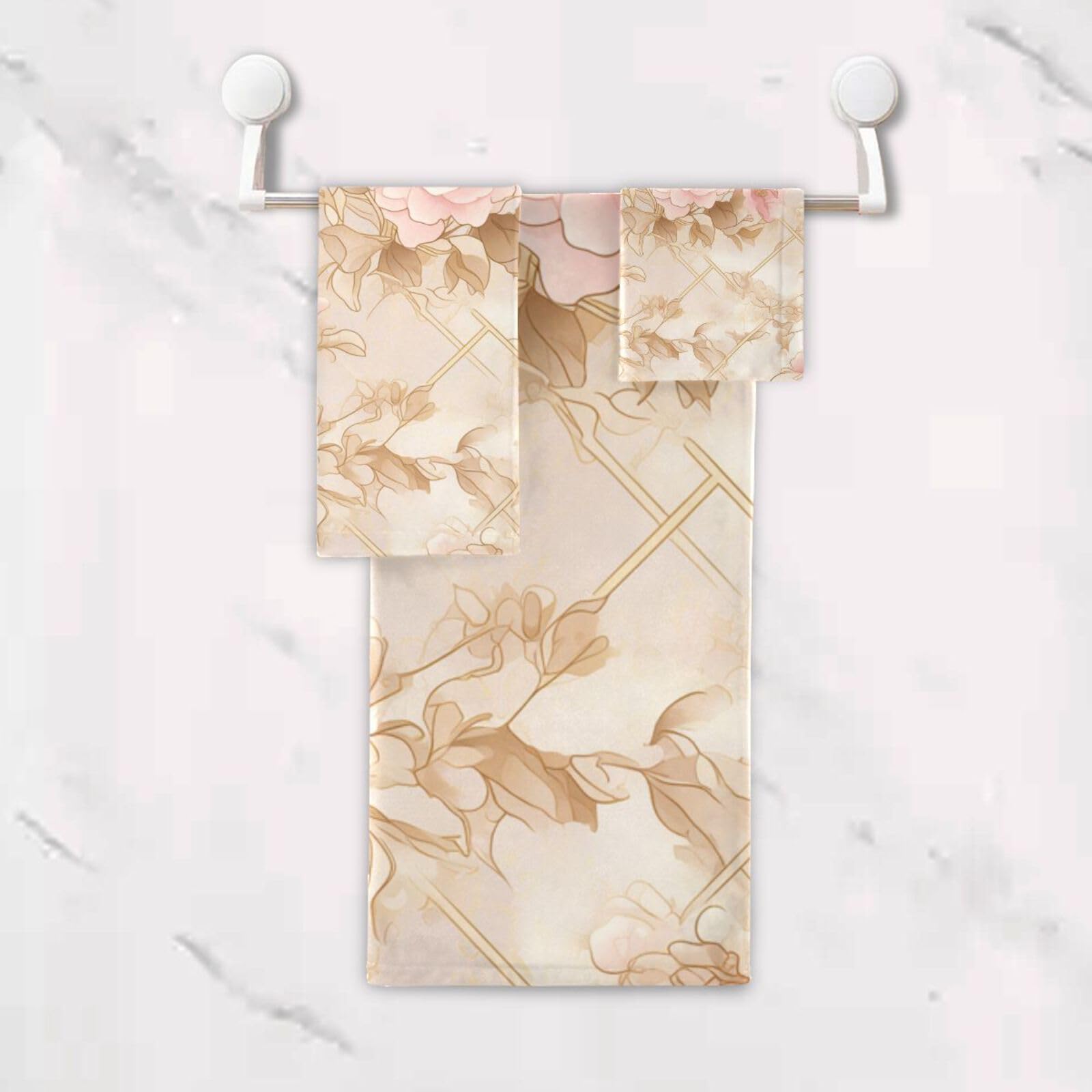 Set di 3 asciugamani per il viso con motivo floreale color pesca e oro, ad asciugatura rapida, 1 asciugamano da bagno, 1 asciugamano per le mani, 1 panno per la casa, cucina e famiglia
