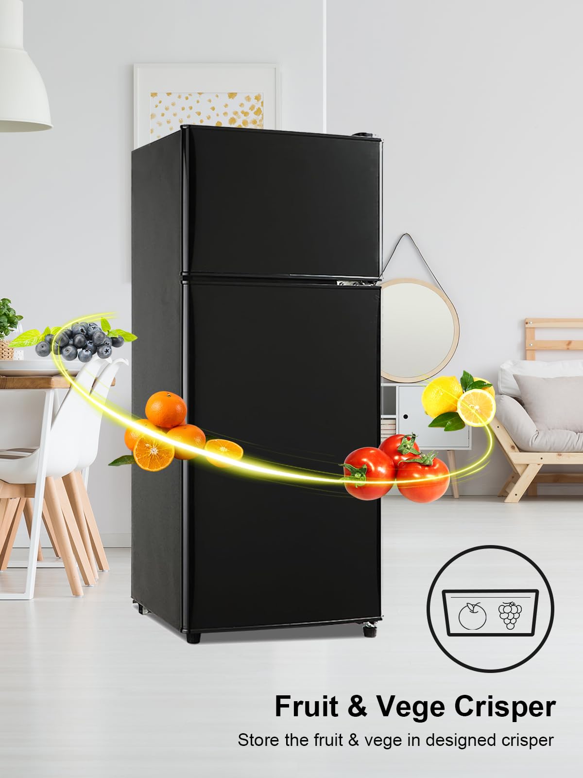 KRIB BLING Refrigerator with Freezer 3.8 Cu.Ft with 7 Level Adjustable Thermostat Control 2 Door Lock Fresh Energy Saving Top-Freezer Compact Refrigerator Black on Fridge.com