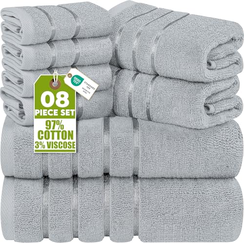 Utopia Towels 8 Piece Luxury Towel Set, 2 Bath, 2 Hand, and 4 Wash Cloths, 600 GSM Ring Spun Cotton, Highly Absorbent Viscose Stripe Towels, Ideal for Everyday use, Cool Grey