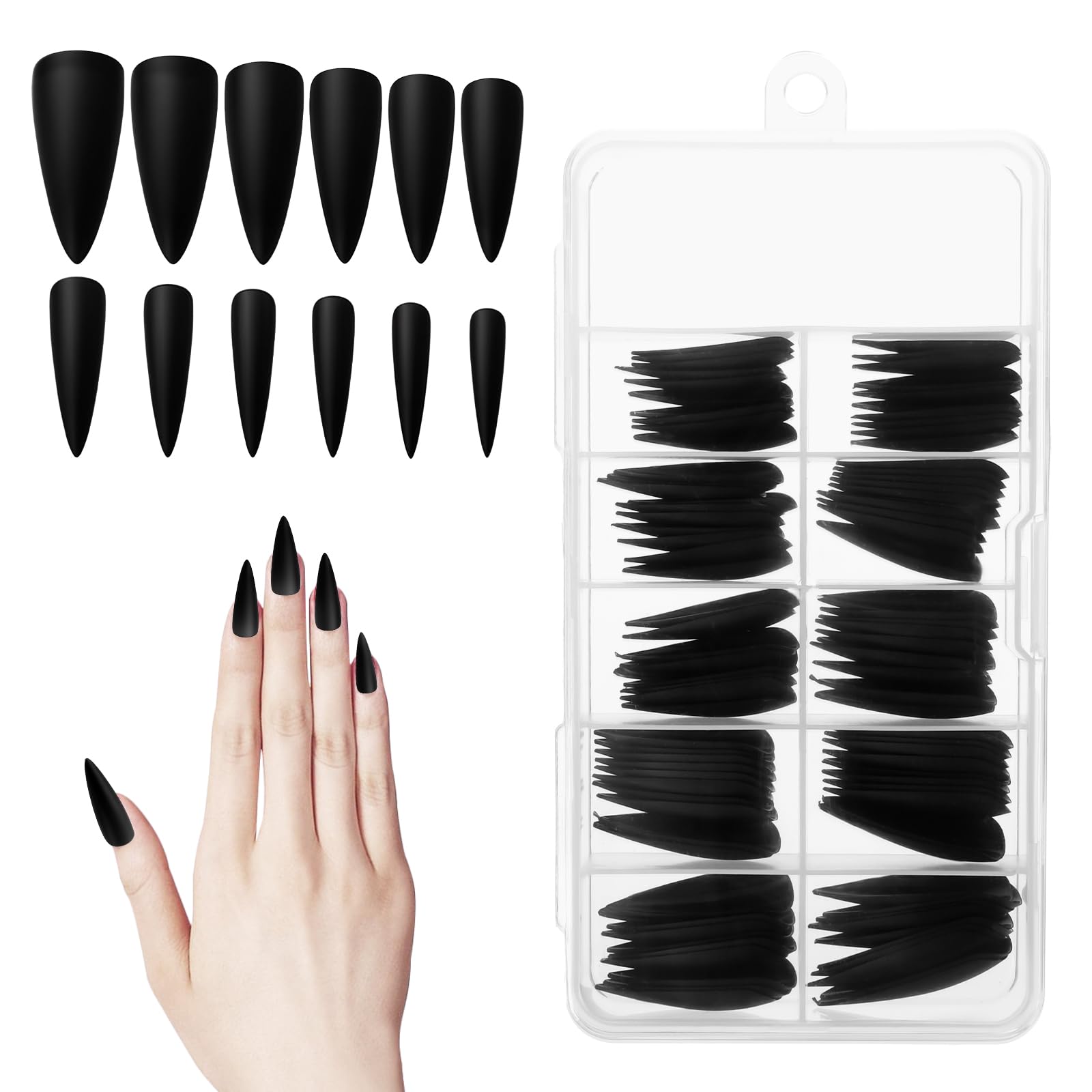 100 Pcs Black Press on Nails, Long Matte Black Plastic False Nails, Full Cover Glossy Fake Nail Almond Shaped Medium Length Nail Tips for Women and