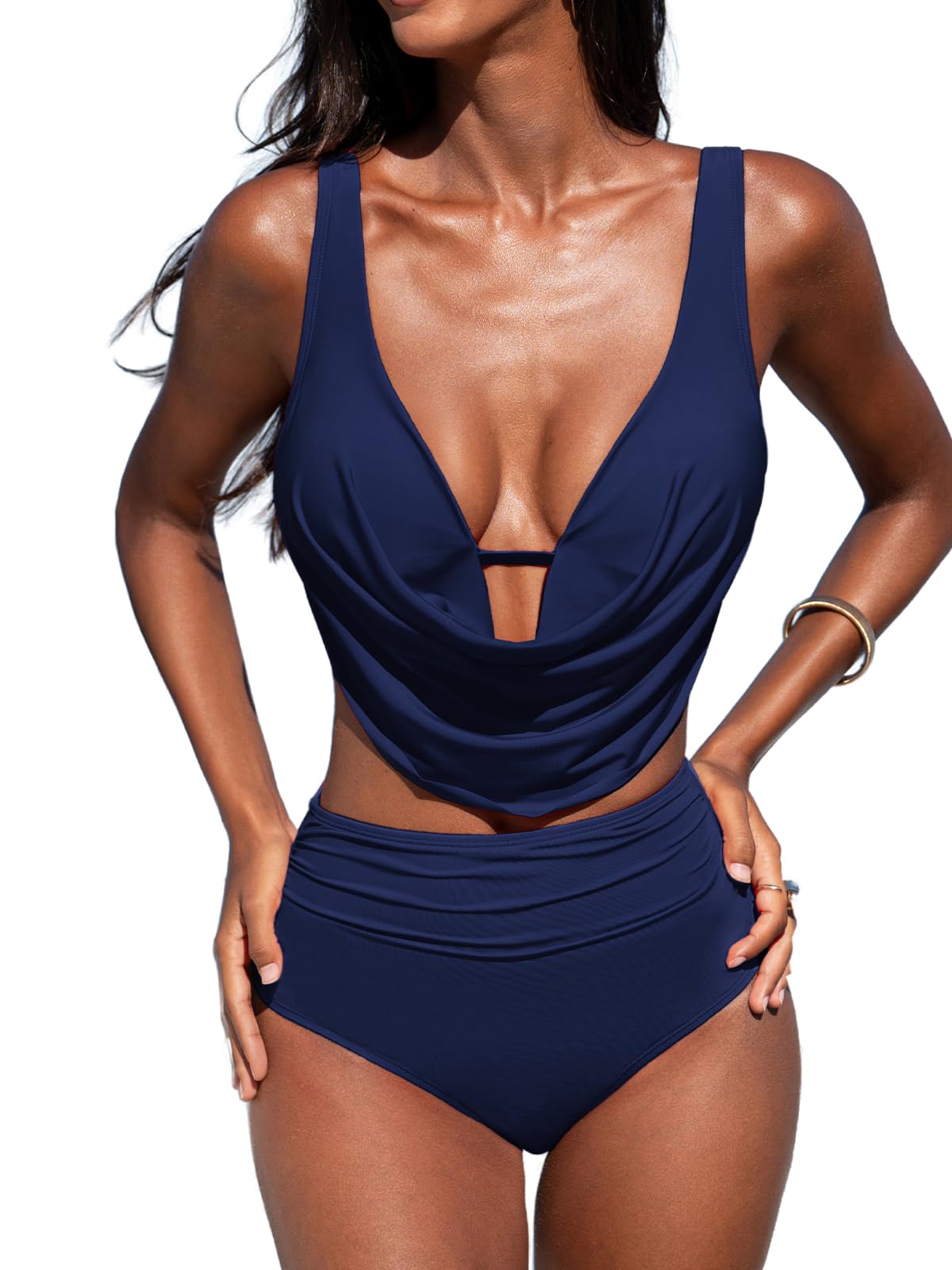 CUPSHE Damen Bikini Set V Ausschnitt Raffungen Hochtaillierter Bademode gekreuzte Träger am Rücken verstellbare Haken Zweiteiliger Badeanzug