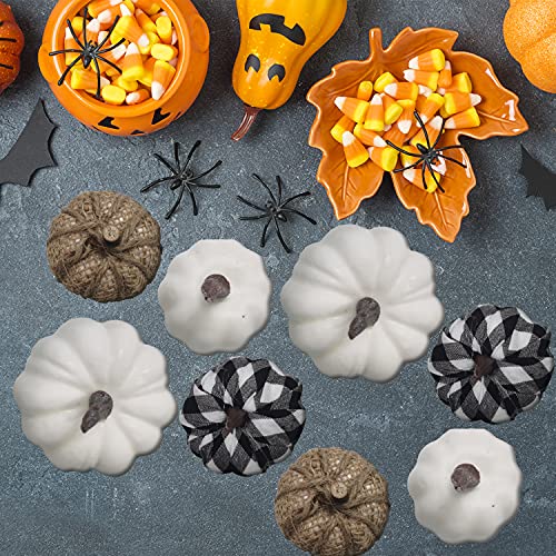 24 Pcs Various Artificial Pumpkins Set,White Pumpkins,Cloth Black White Plaid Fabric Pumkins and Flax Pumpkin in Different Size,Faux Realistic Pumpkin for Halloween,Thanksgiving Party Decor