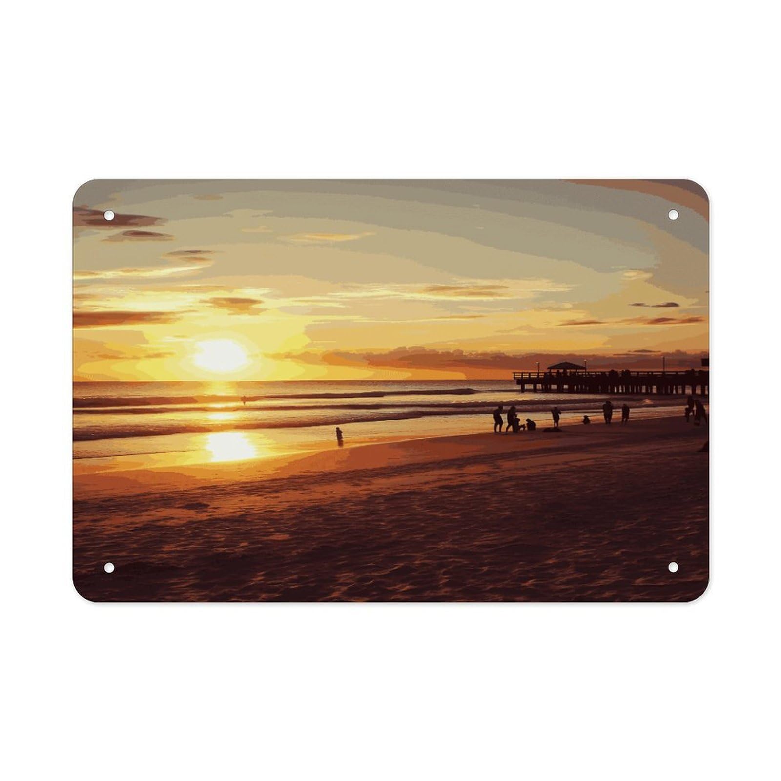 LDGSUPH Sunset Beach Metal Tin Sign Wall Art Prints Folded Edge Iron Sheet Painting with Holes for Wall Prints Decorative Picture Metal Signboard Decor Painting Wall Decor