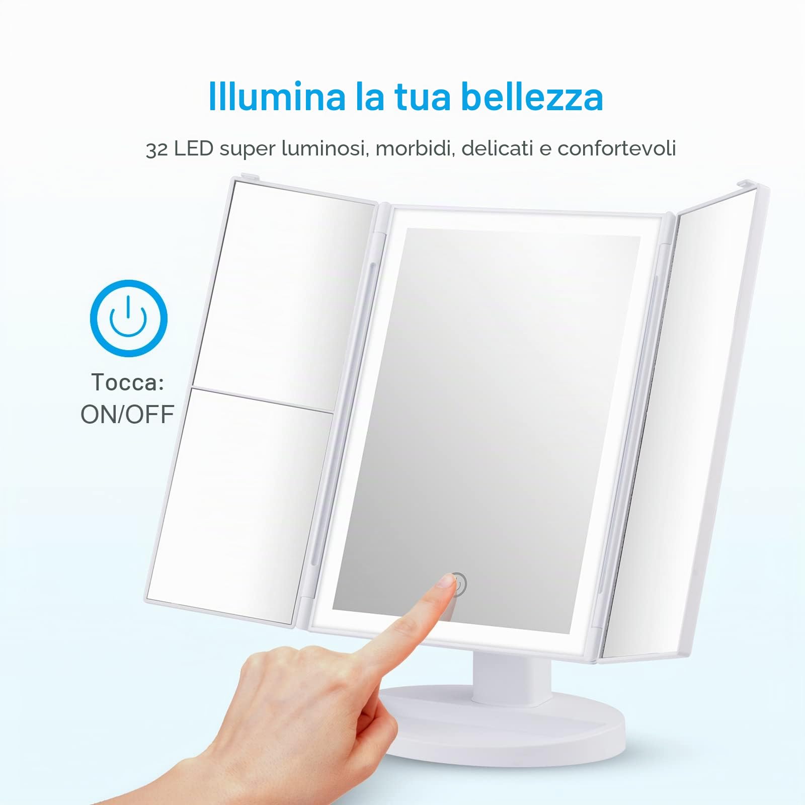 GRIFEMA Specchio per Trucco Trifold con Luce a 32 LED, con Illuminazione, Ingrandimento 3/2/1, Specchio da Tavolo Touch, Regolabile a 180°, USB e Batteria, Bianco