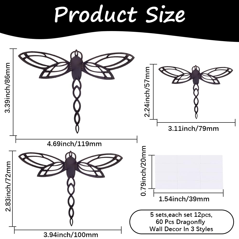 GORGECRAFT 60Pcs 3 Sizes Dragonfly Wall Decor Black Hollow Wings 3D Dragonfly Garden Art Indoor Outdoor Fence Hanging Decorations for Home Living Room Flowers Cake Party Mural Wall Stickers - Image 2
