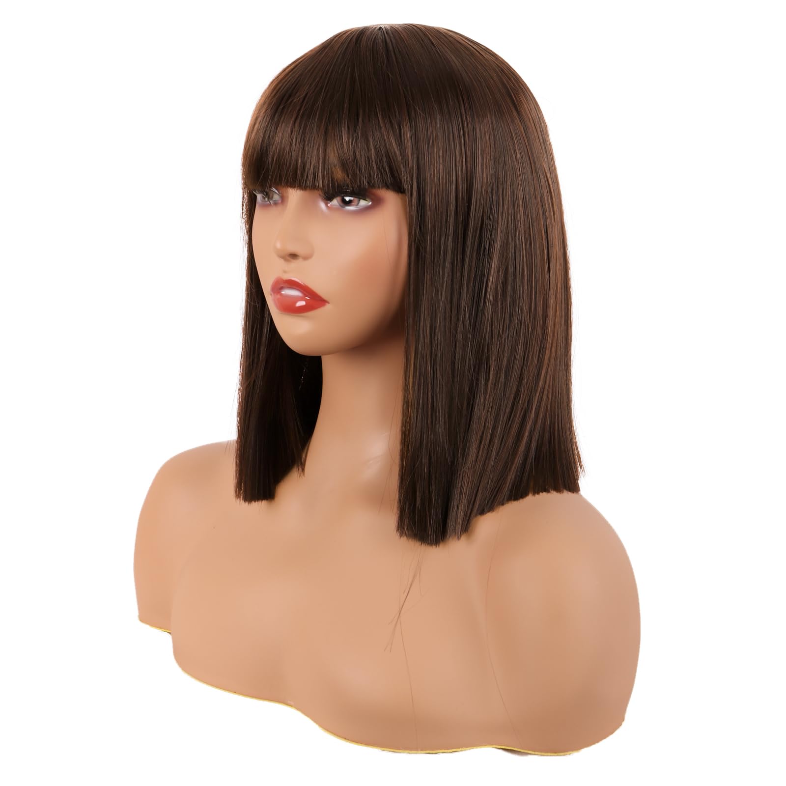 MapofBeauty 12 Inch/30 cm Straight Bob Flat Bangs Short Colorful Synthetic Hair Cosplay Party Wig (Brown) - Image 2