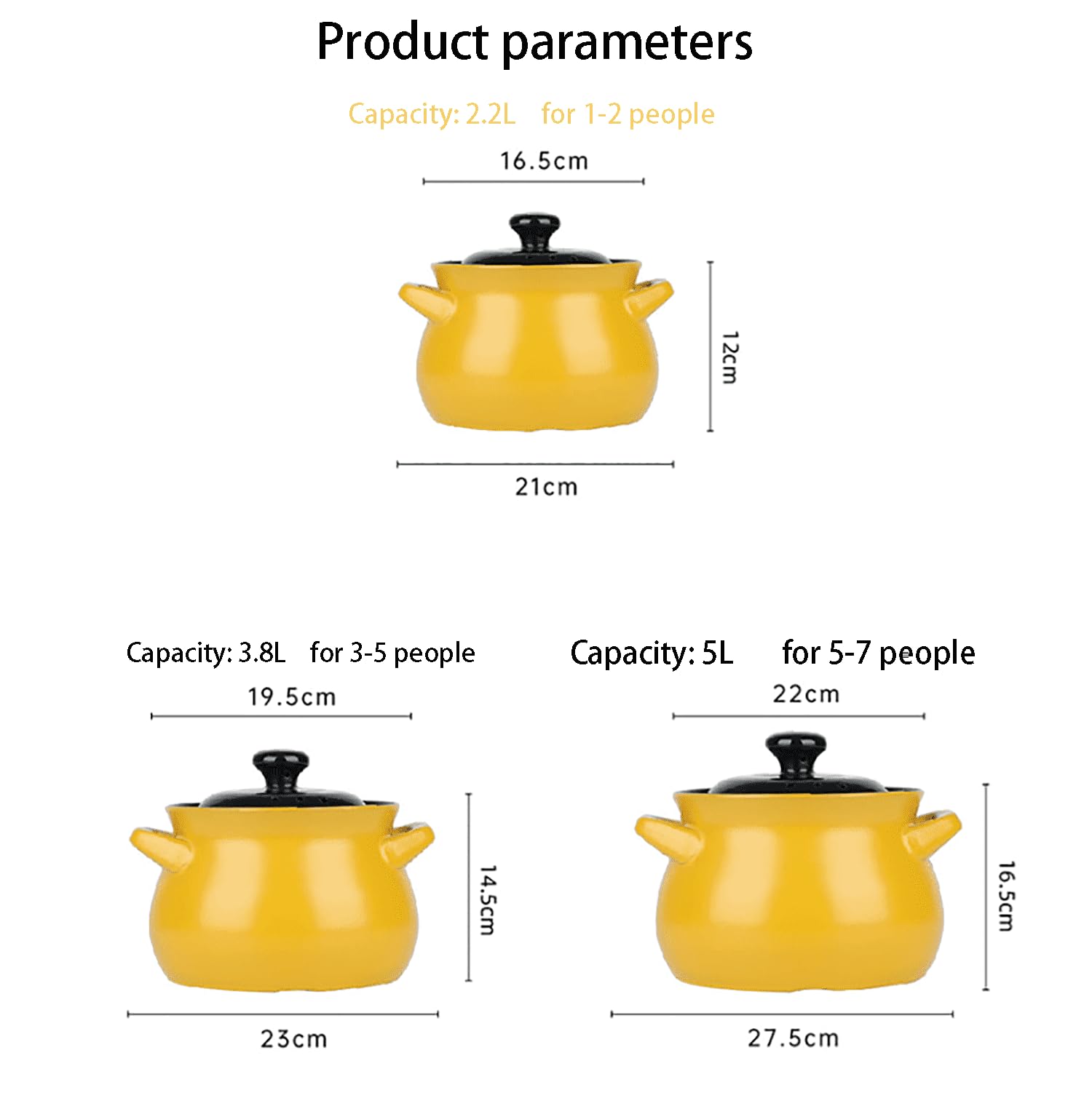 olla de cerámica, Olla de cerámica con tapa doble asa, sopera pura(Black and yellow,3.8L)