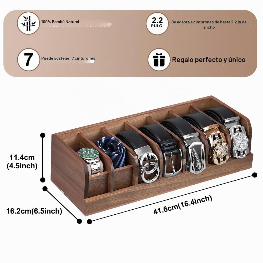 Organizador de Cinturón de Madera, 7 Compartimentos, Soporte de Cinturón de Bambú para Armario y Cajón, Estante de Exhibición para Hombres y Mujeres, Marrón