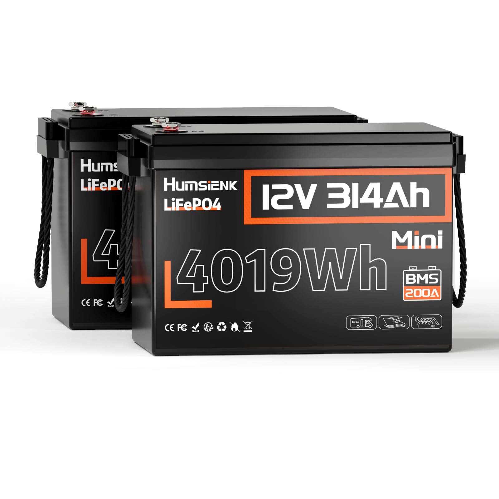 HumsiENK 2 Pack 12V 314Ah (300Ah) LiFePO4 Lithium Battery 4019Wh, 200A BMS