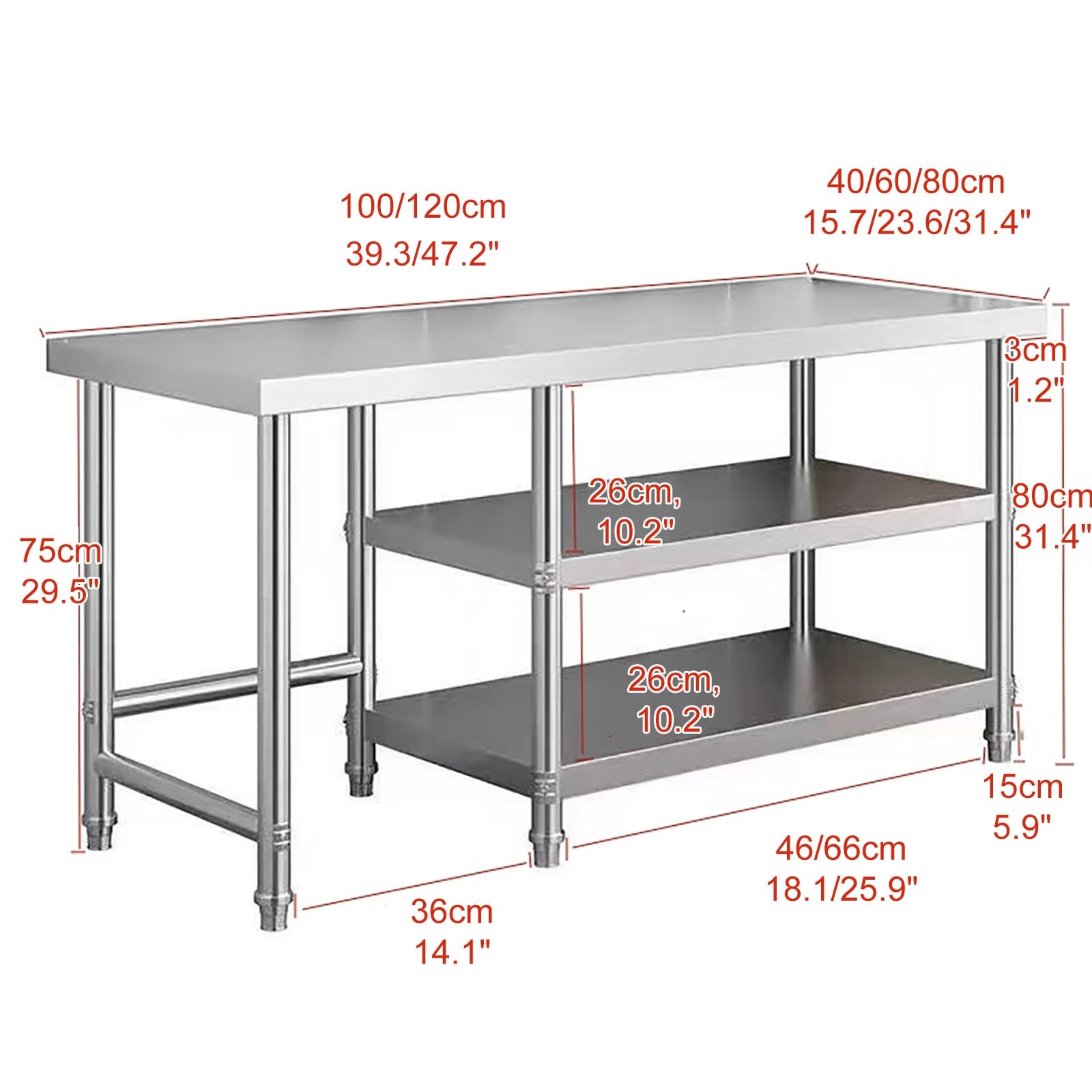 Tavolo Da Lavoro In Acciaio Inox, Tavolo Per La Preparazione Degli Alimenti, Per Cucine Professionali Bar Hotel, Con Piedini Regolabili E Ampio Ripiano Inferiore(100 * 50cm/39.3 * 19.6")