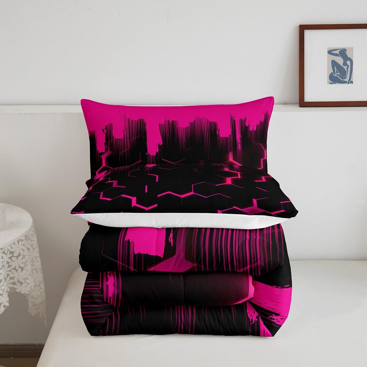 Feelyou Kids Hot Pink Honeycomb Comforter Set Twin Size Hexagonal Bedding Set for Teens Decor Abstract Geometrical Comforter Geometric Duvet Set Bedroom Quilt Set 2Pcs