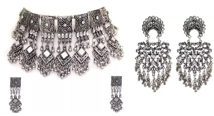 Molika Kundan Work Oxidised Mirror Silver Jewellery set Combo with Oxidized Kundan Stone Chandbali Earrings for Girls and Women (B0BZ8QR8WG) Amazon Price History, Amazon Price Tracker