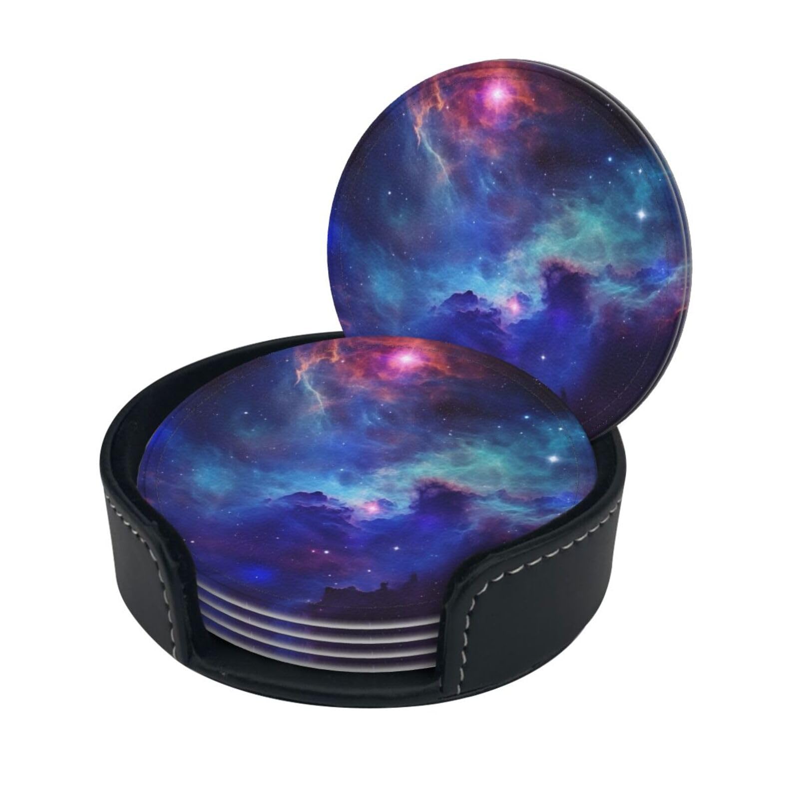Stylish Coasters - Galaxy Set of 6 Round Leather Drink Coasters with Holder - Perfect Size for Cups and Glasses