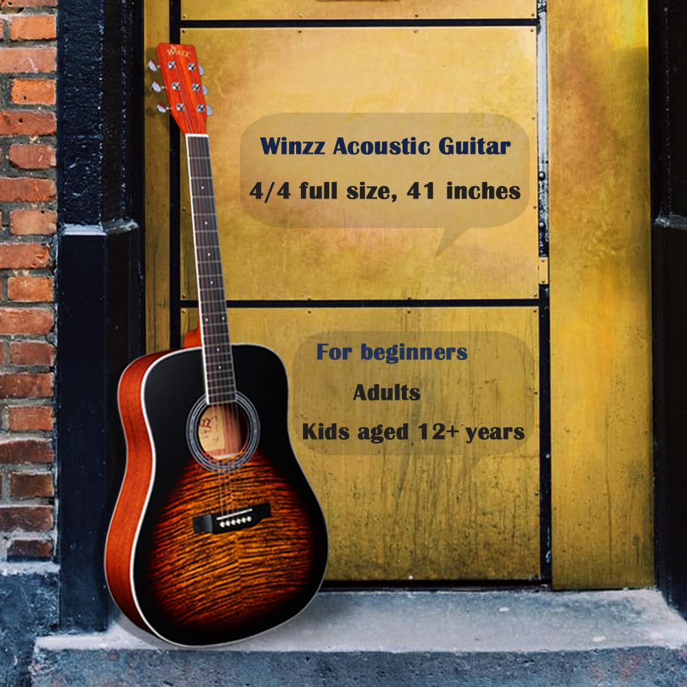 Winzz Guitare Acoustique Adulte 4/4, Guitare Enfant 12+ Ans, Kit Guitare folk Debutant, Guitare Seche à Corde d'acier avec 11 Accessoires (Sunburst Mat, 41 Pouces)