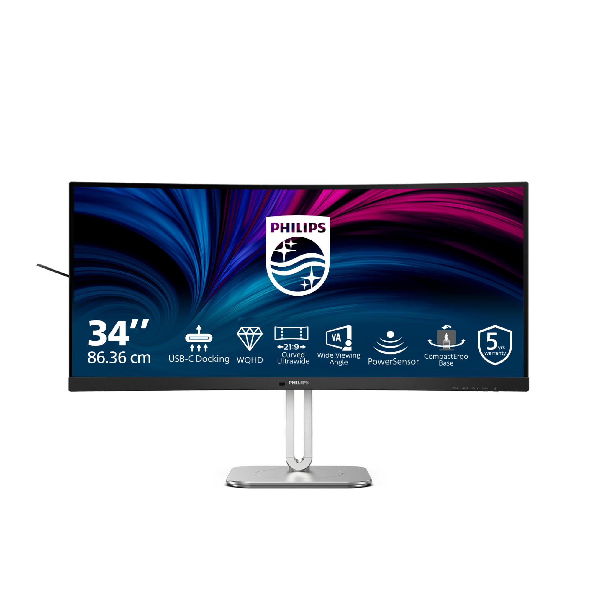 Philips 34B2U5600C - Monitor curvo WQHD da 34 pollici, regolabile in altezza (3440x1440, 120Hz, HDMI, DisplayPort, USB-C (100W PD), RJ45, USB Hub) grigio scuro