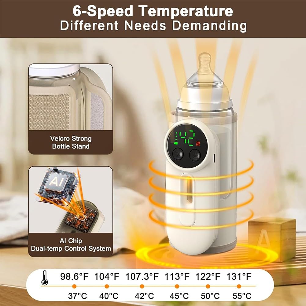 Calentador de biberones inalámbrico portátil de 8000 mAh con diseño de termo al vacío y aislamiento térmico para alimentación de viaje, para biberones estándar y de cuello ancho