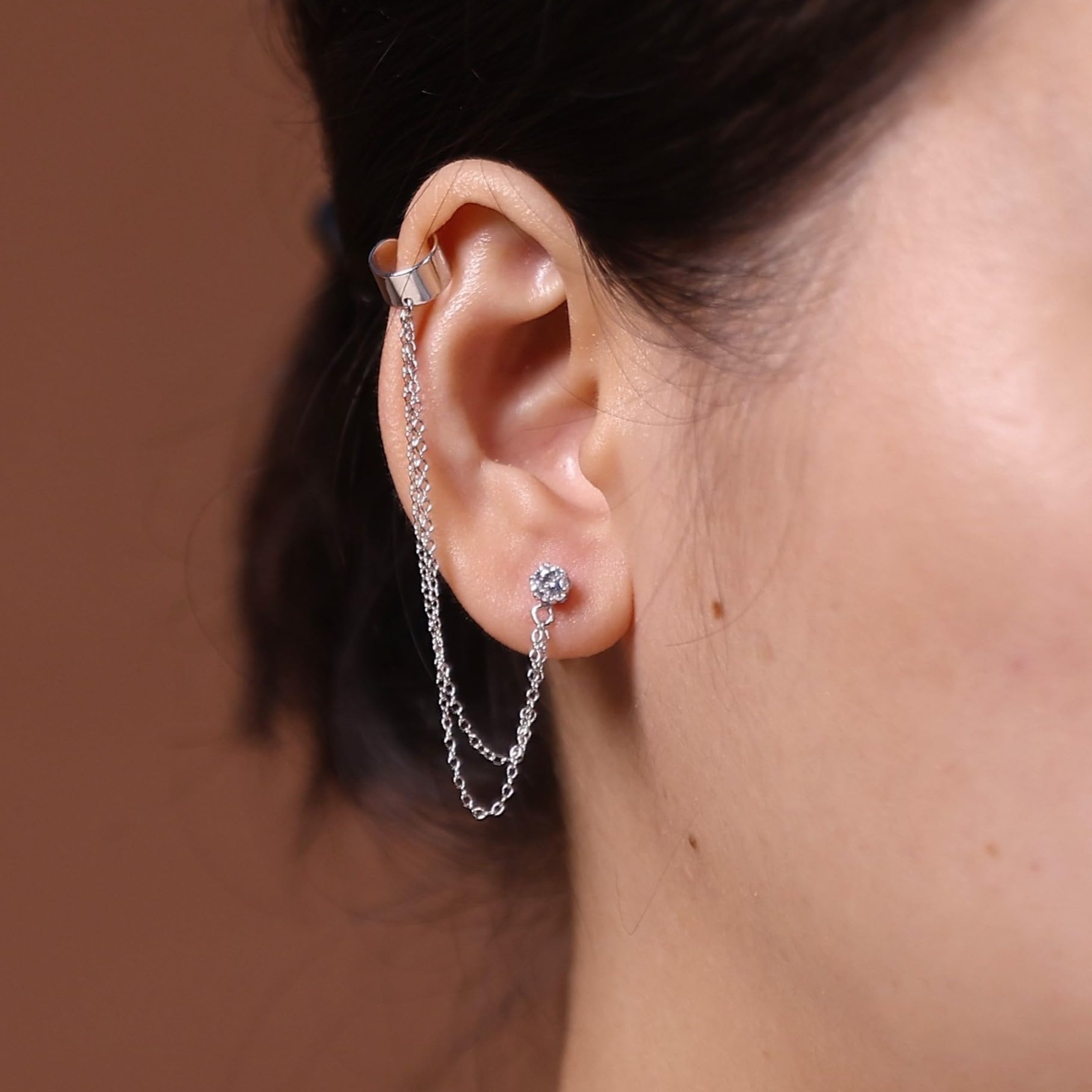 Geometrischer Knorpel-Schmuckband mit zwei Ketten Ohrmanschette CZ Stecker Ohrläppchen Ohrring für Frauen Teenager Männer Rosé 14K vergoldet .925 Sterlingsilber
