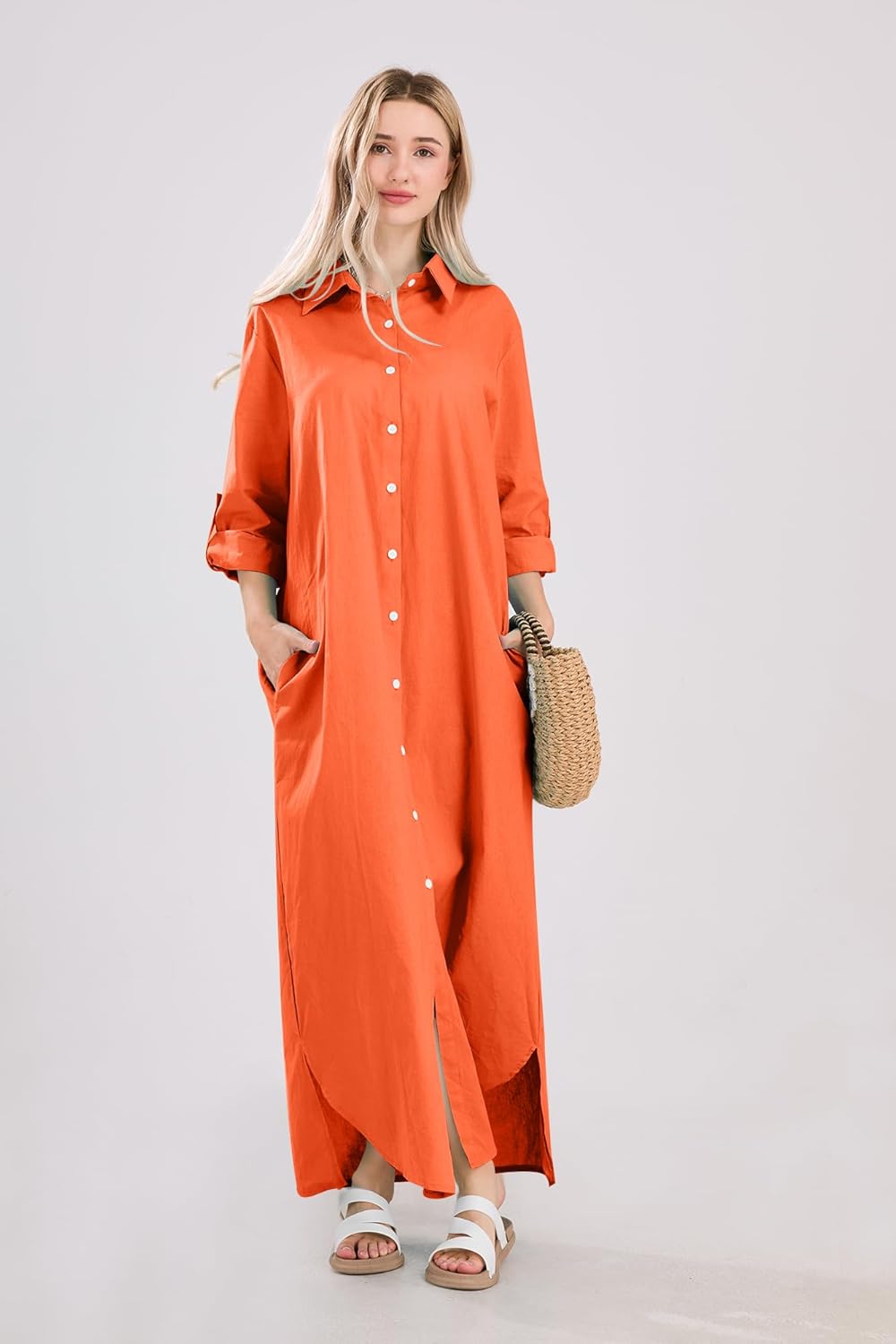 utcoco Summer Dresses for Women 2025 Casual Loose Split Long Sleeve Button Down Maxi Shirt Dress - Image 5