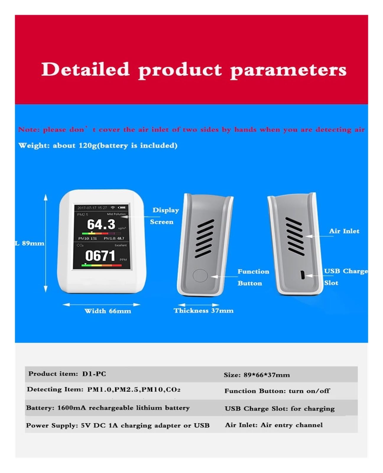 Misuratore di CO2 for inquinamento atmosferico Contatore particelle polvere Rivelatore anidride carbonica PM 2.5/1.0/10 Per cucina e camper