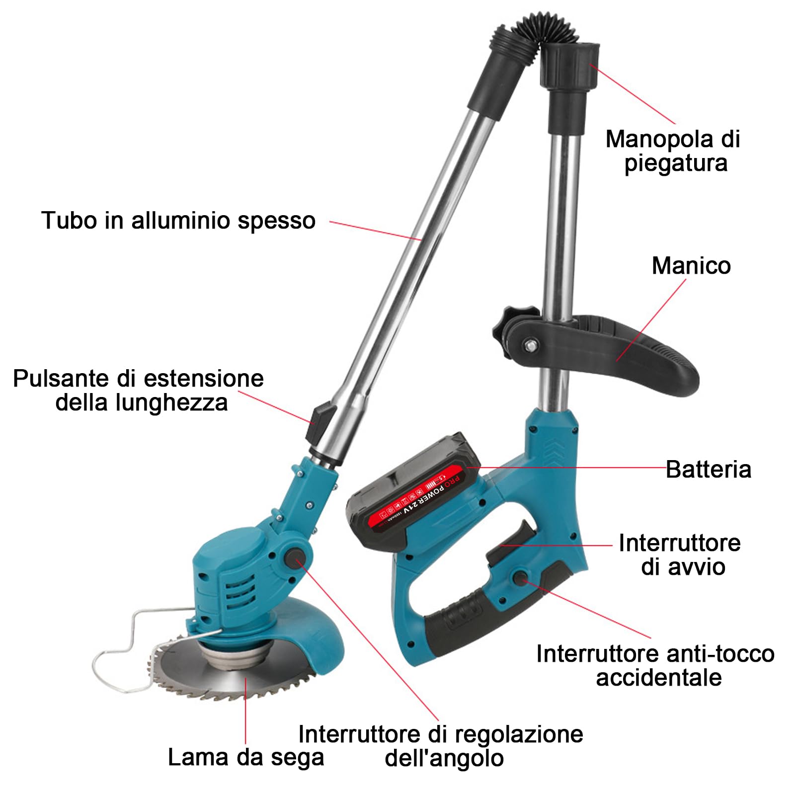 Decespugliatore elettrico con 2 batterie, 3 Tipi lame compatibile con batterie da 21 V, motore brushless, tosaerba manuale, per tosaerba e bordi Prati E Terreni
