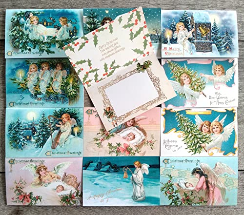 Image of PIXILUV CHRISTMAS ANGELS (Pack of 12) Notecards Small Greeting Cards # Holy Angels Christmas Greetings and Cheer ~ Vintage Christmas Postcards Reprint