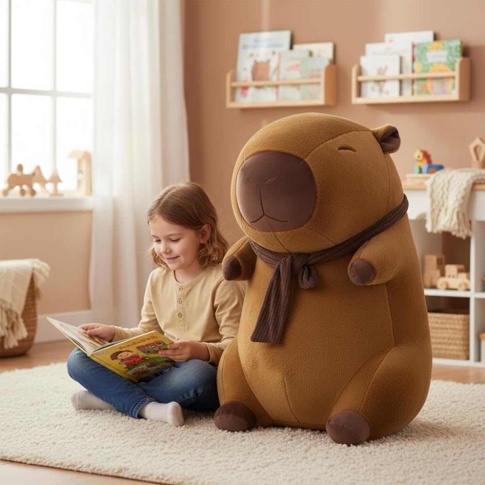 Capybara Peluche XXL 100 cm – Gran Peluche Suave Kapibara 3 en 1 cojín y decoración – Gigante para niños y Adultos (Capybara con Bufanda)