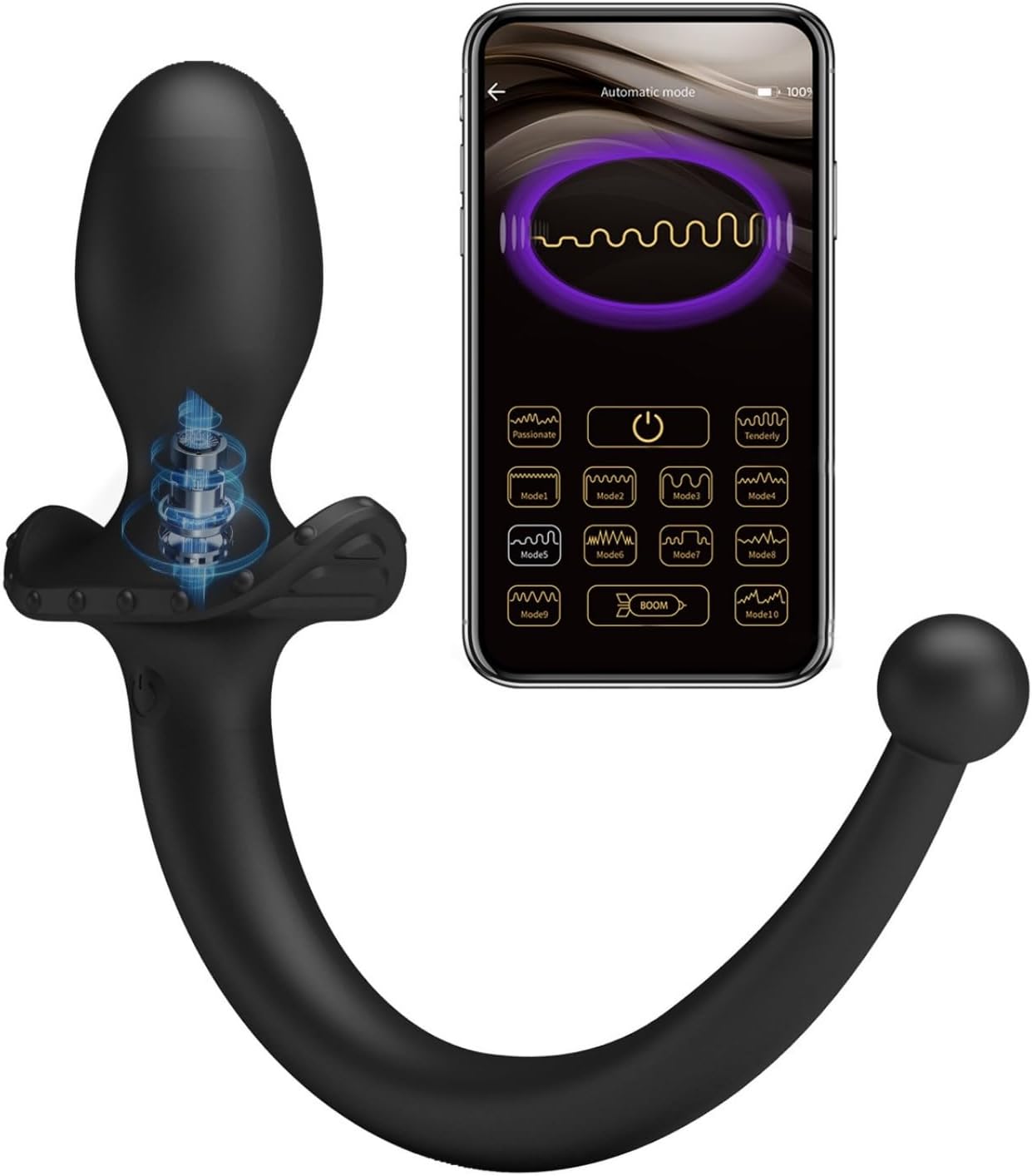 Waterproof Rechargeable G Spot Anal Vibrator, Long Tail Male Prostate Massager Silicone Adult Sex Toy with 12 Vibration Modes - A