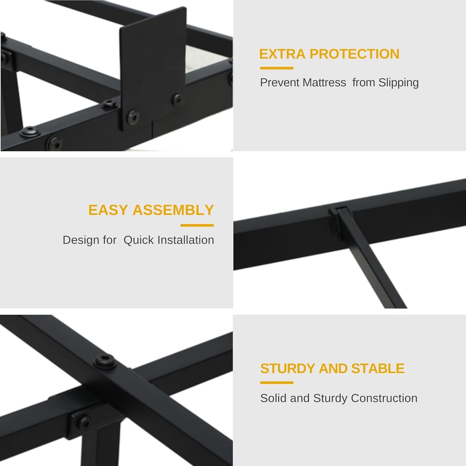 Close-up images showing bed frame features: mattress stopper, easy assembly slot design, and sturdy build with extra support leg