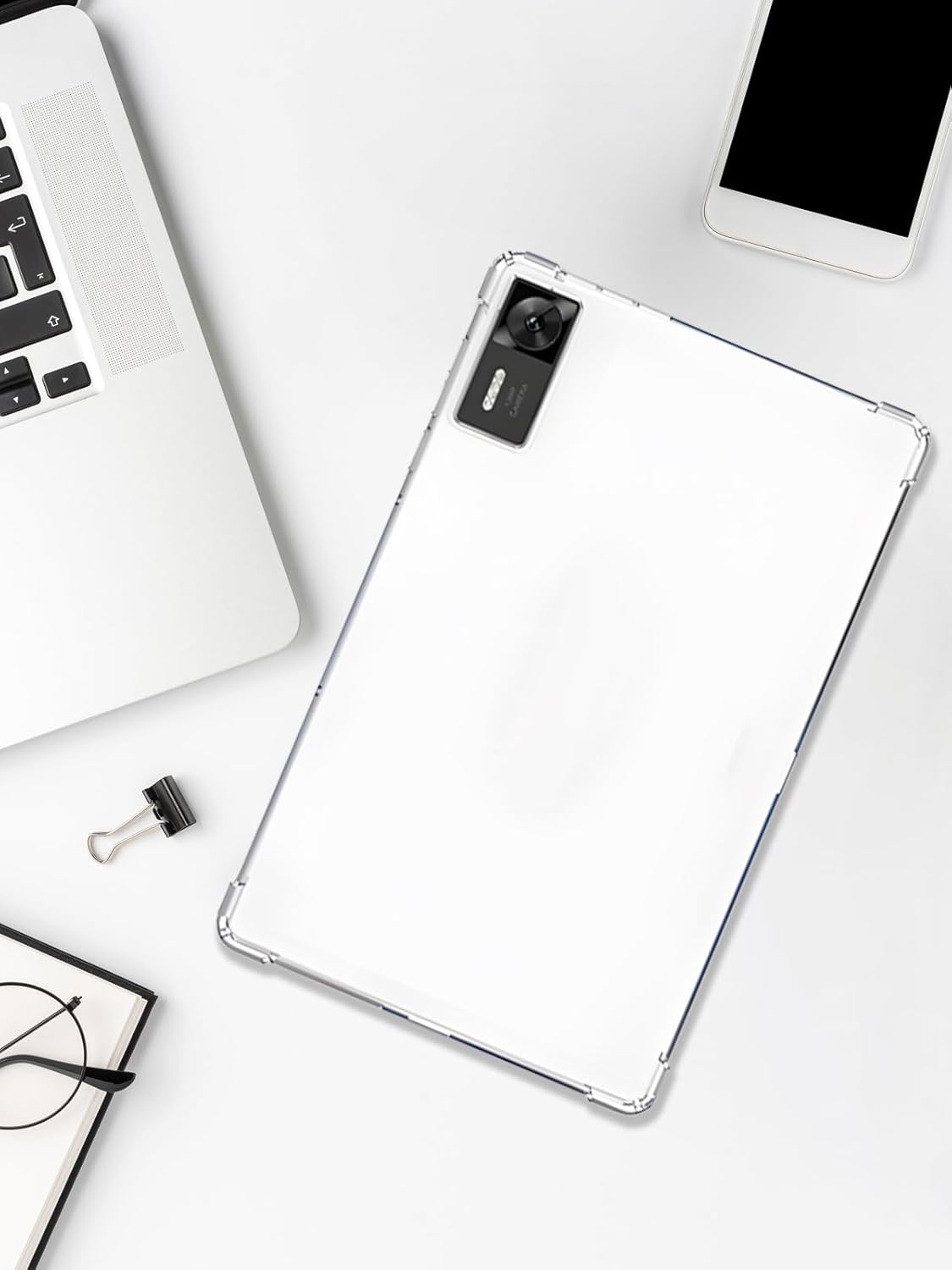 Отгоре надолу view of Lenovo Legion Y700 Gen 4 Tablet in UYRUREL clear case on a desk.