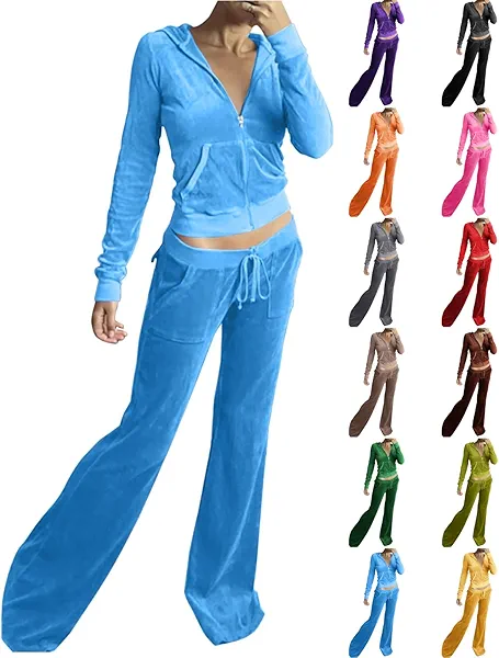 YAFINMO Velour Tracksuit Womens 2 Piece Lounge Sets Long Sleeve Travel Sets Zipper Hooded Jacket Wide Leg Sweatpants Fall Outfits Track Suit Set