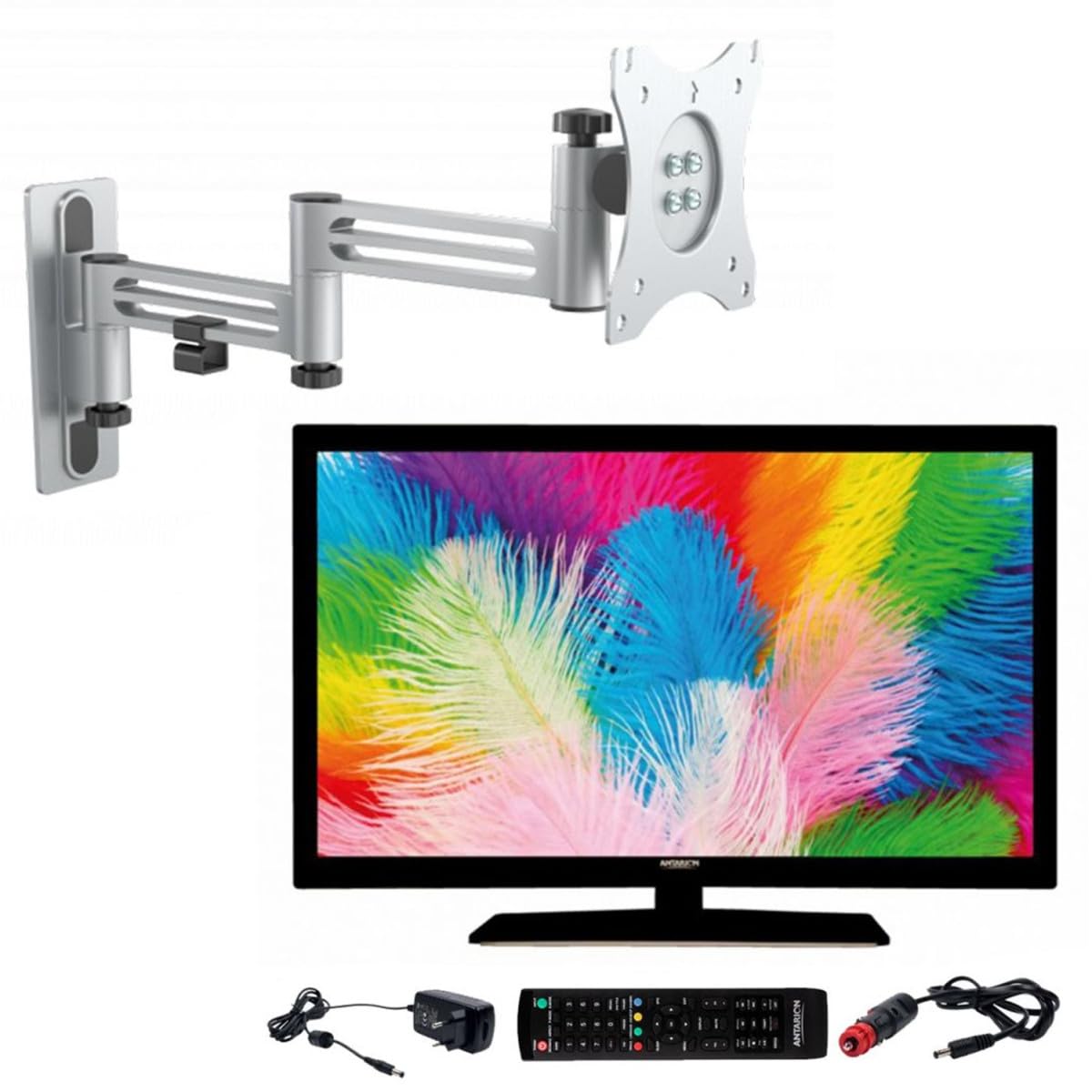 ANTARION LED zestaw TV 22" 55cm Full HD 12V Car kempingowy + uchwyt TV z podwójnym ramieniem