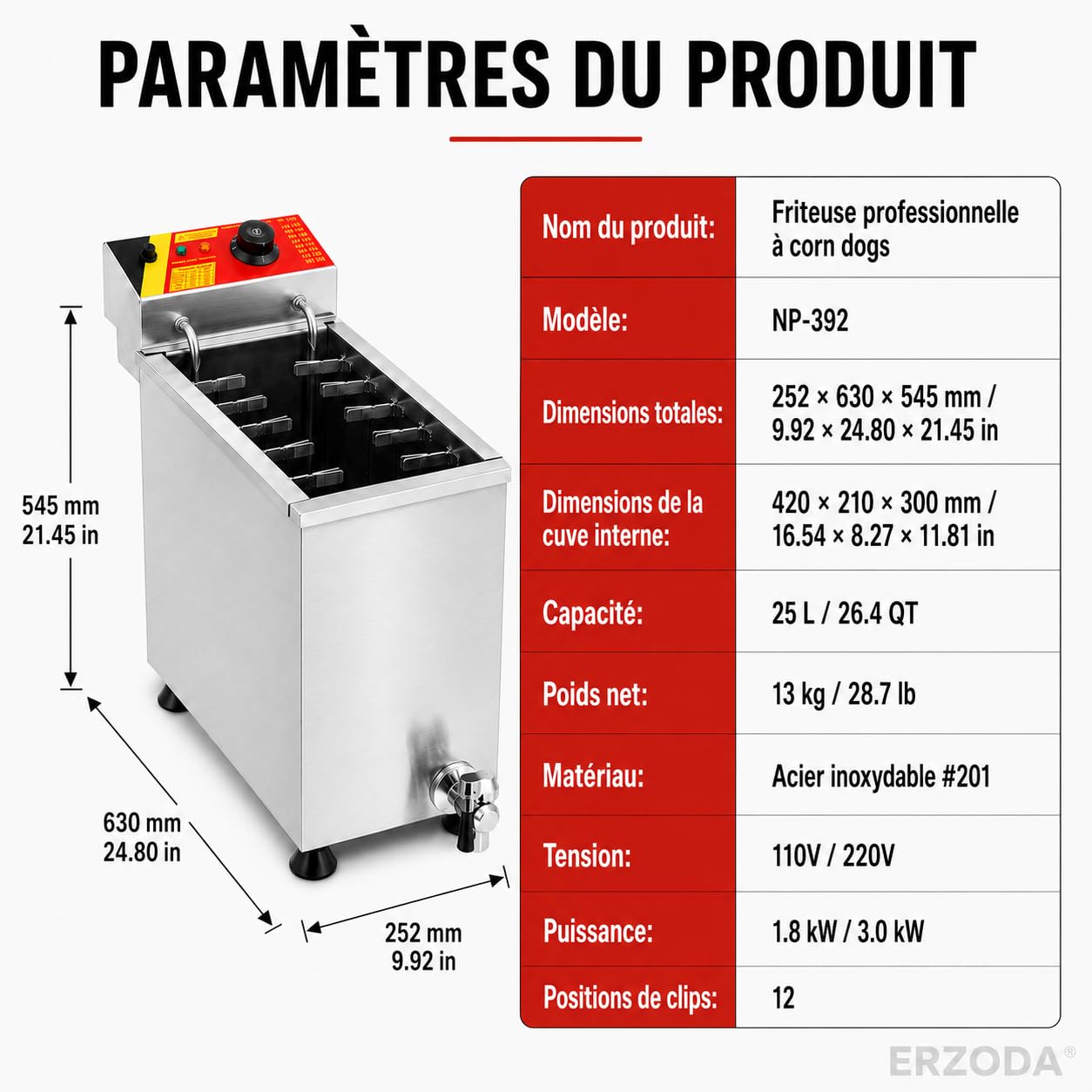 ERZODA Friteuse Commerciale pour Corn Dog NP-392, 25L, 12 Positions de Clips, Acier Inoxydable, Valve de Vidange, pour Hot-Dog Coréen, Cheese Dog, Food Truck et Snack