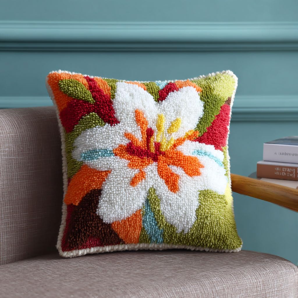 WallustrioaW Latch Hook Cushion Kit,Lily Flowers