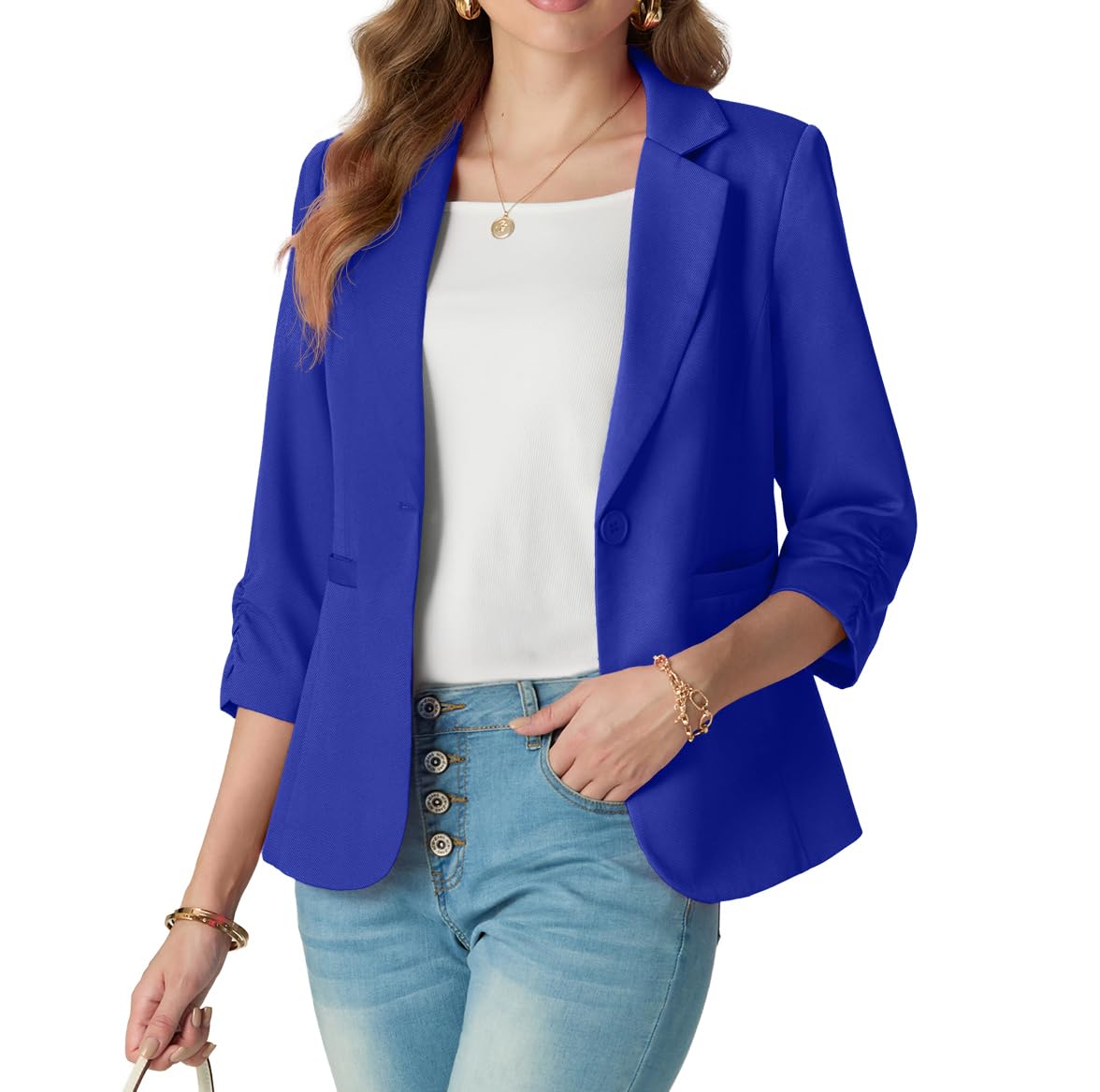 GRECERELLE Blazer da donna con maniche a 3/4 increspate, giacche formali da donna, casual, elegante, da lavoro, ufficio, per matrimoni, funerali con bottoni, tasche, per donne dalla 40 alla 52