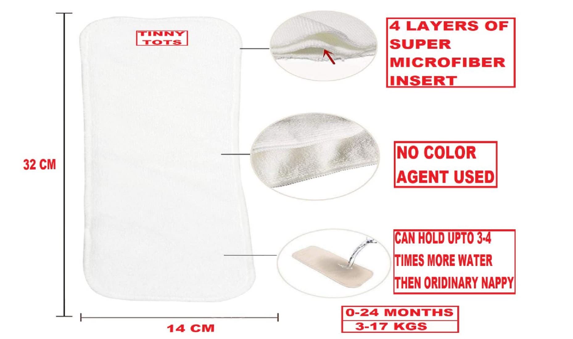 Tinny Tots Pack of 5 White Bamboo Charcoal Inserts Liners Pads(5 Layers) Wetfree Washable Reusable Adjustable Cotton Diaper Nappy Inserts Natures Cloth Diaper Liners For Baby Reusable Cloth Diapers(0-24 Months) - Image 2 thumbnail