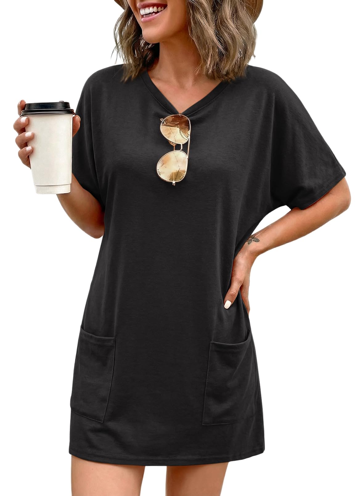 Women's Casual Short Sleeve Summer T Shirt Dress Loose Fit Mini Dresses with Pockets