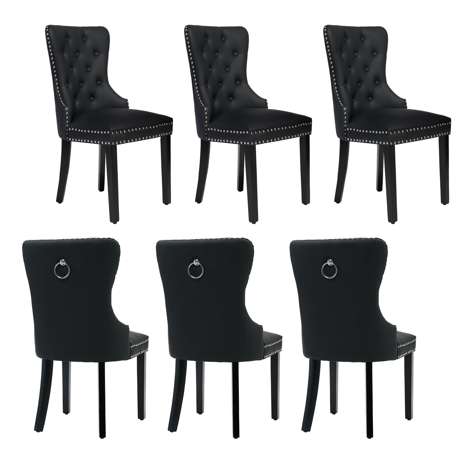 PU Leather Dining Chairs Set of 6, Tufted Upholstered Dining Room Chair with Pull Ring and Solid Wood Legs, Black