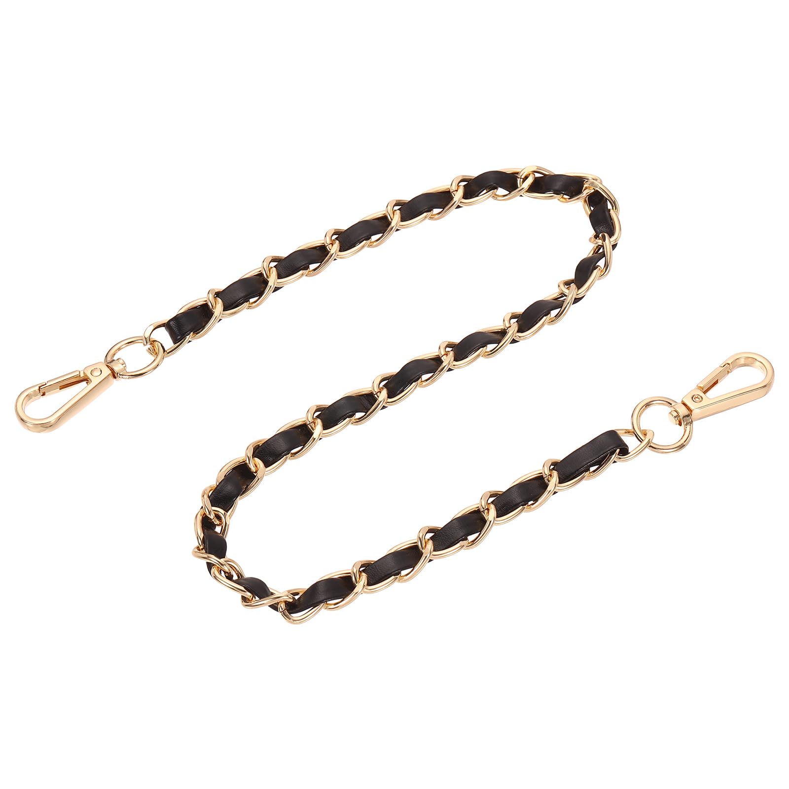 sourcing map Purse Chain Strap, 24 Inch Leather Iron Flat Chain Handbag Chains Purse Straps with Buckles for Shoulder and Cross Body Bags (Black Strap + Gold Chain)