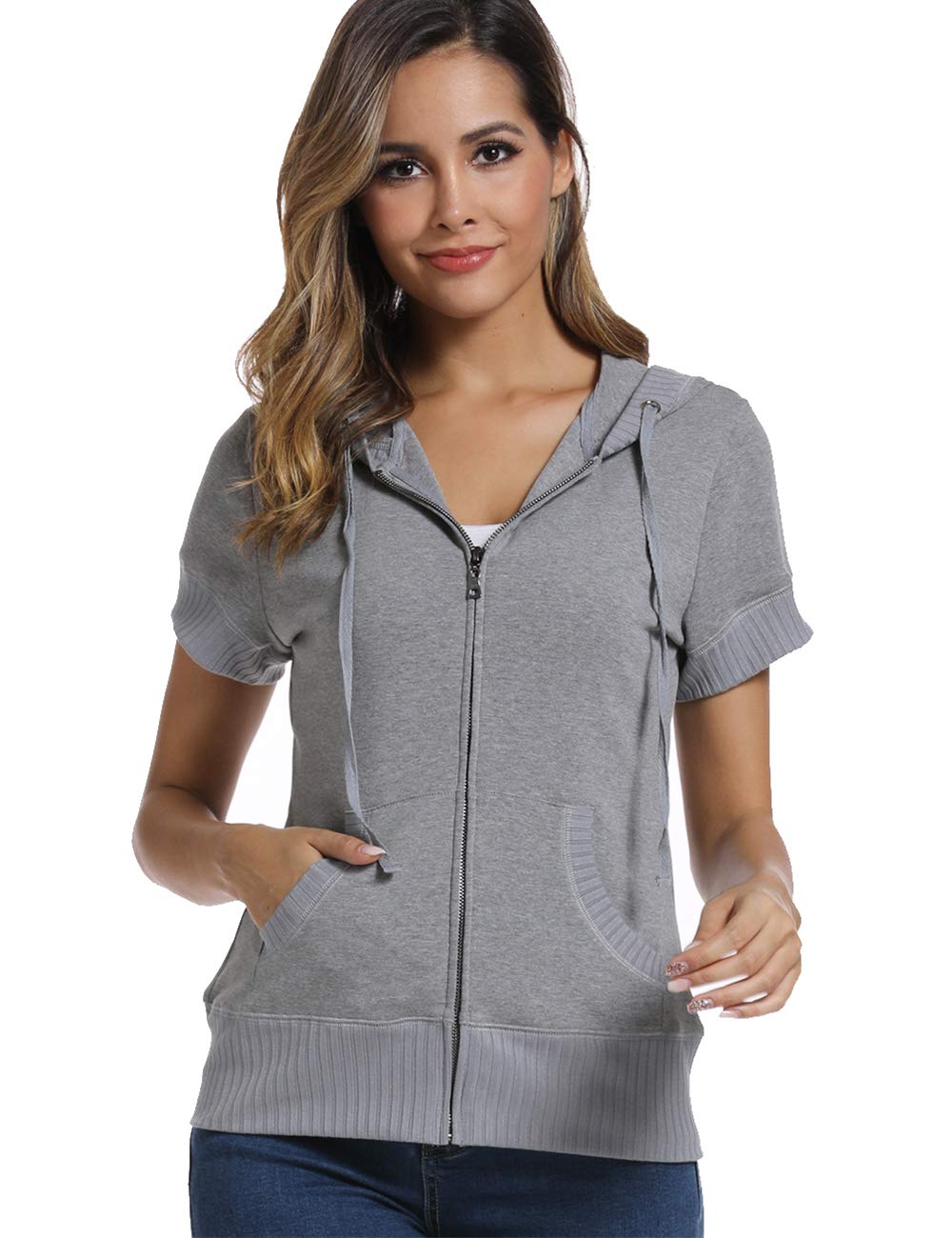 Miss Moly Sweat à capuche à manches courtes pour femme avec fermeture Éclair intégrale en coton fin Coupe slim Kanga Pocket - multicolore - Large(44-46)