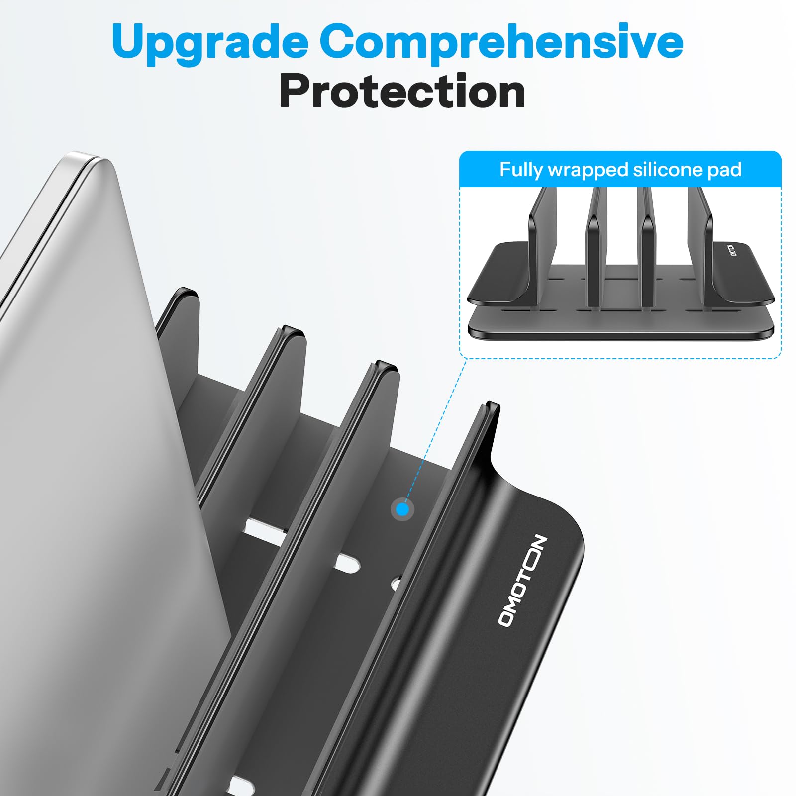 OMOTON Soporte vertical para laptop de 3 ranuras, soporte de aluminio de escritorio para MacBook con tamaño de base ajustable, se adapta a todos los MacBook, Surface, Chromebook y portátiles de juegos