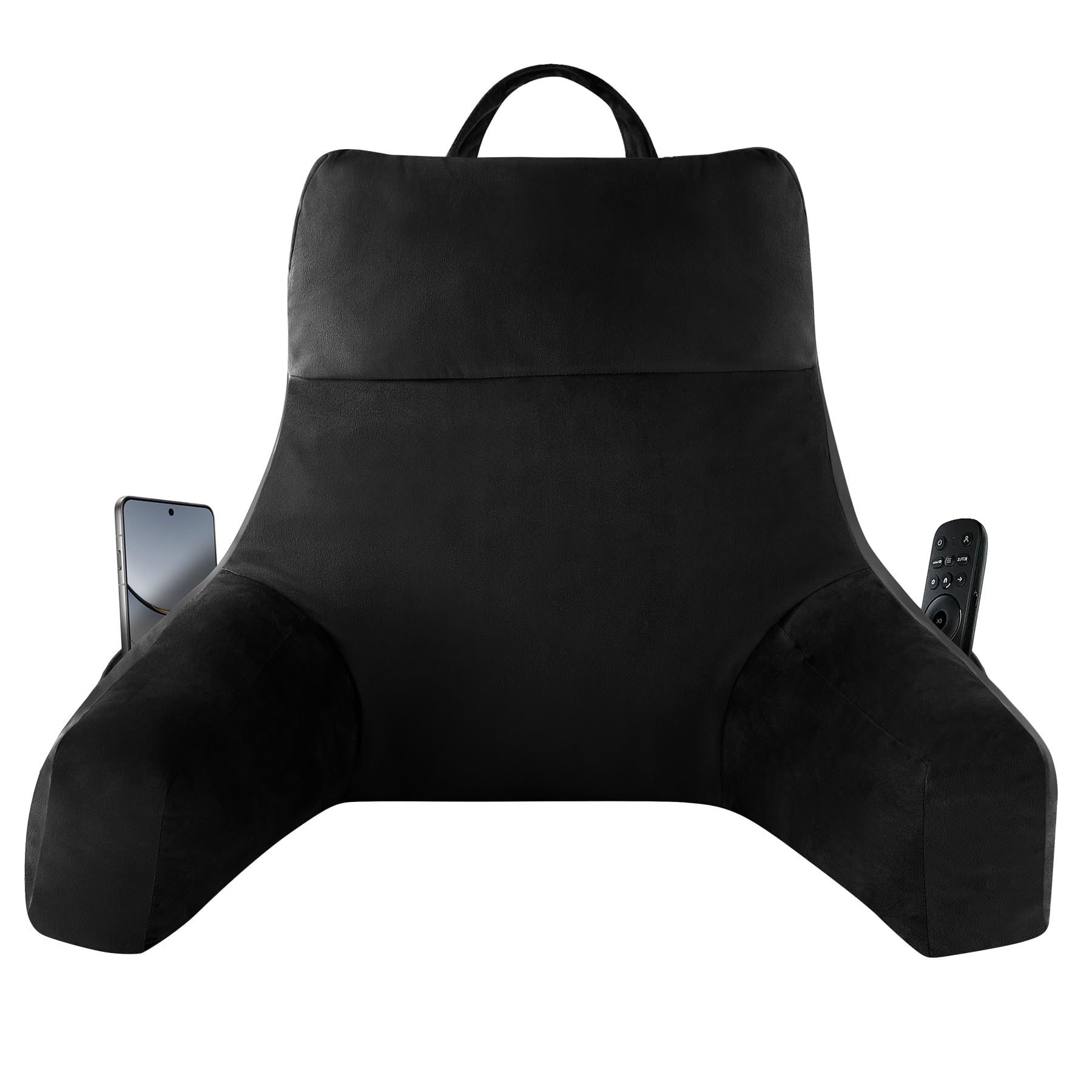 Reading Pillow with Arms for Adult, Back Pillow for Bed Sitting Up, Shredded Memory Foam Backrest Pillow with Pockets & Removable Washable Cover, Lounging, Watching TV, Reading(Black)