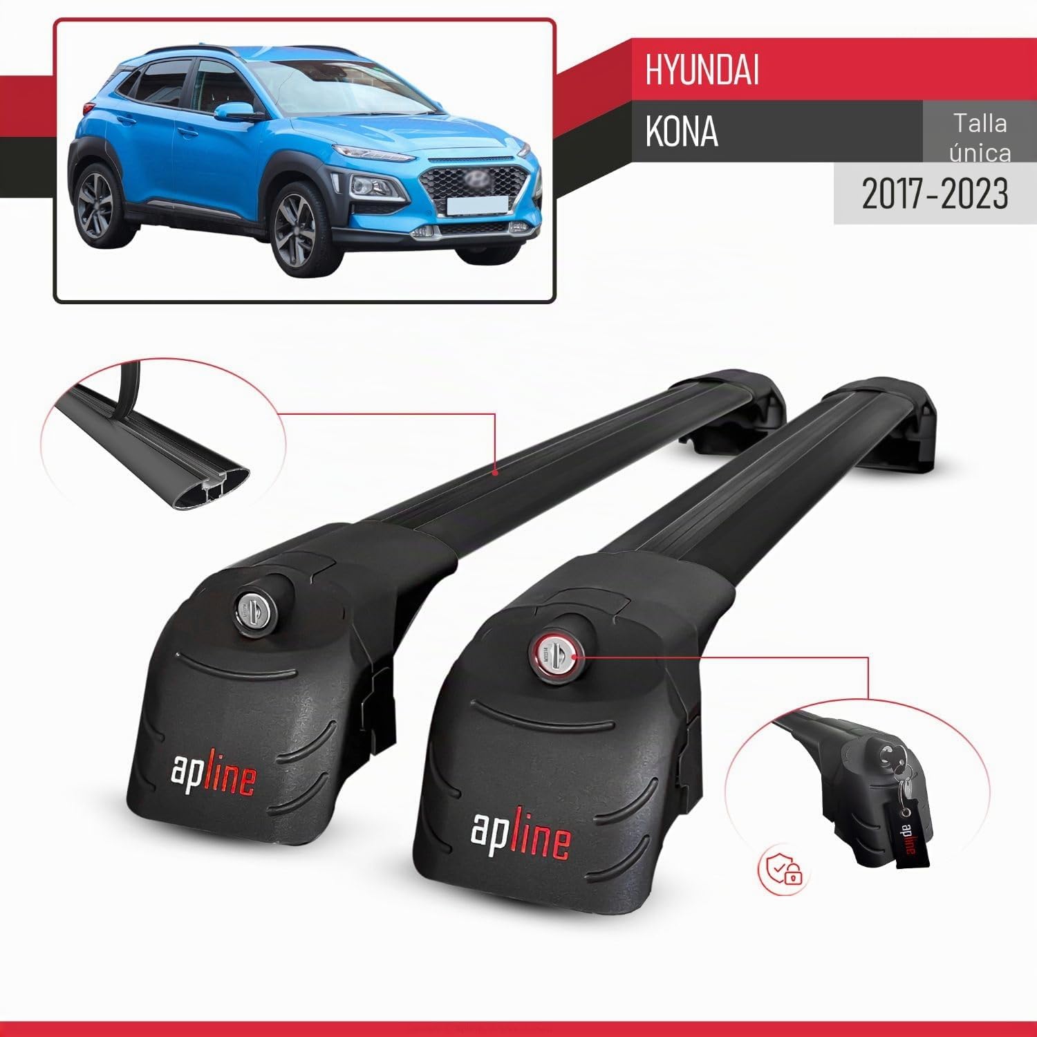 Compatible con Hyundai Kona (OS) 2017-2023 Modelo Ace-2 Barra de Techo Auto Portaequipajes Barras Transversales Negro Aluminio 2 Barras