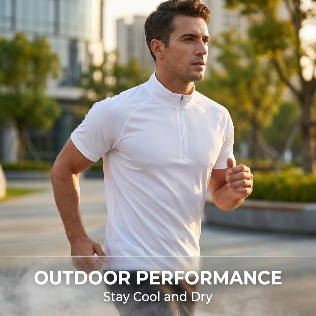 Herren-Pullover mit Viertelreißverschluss, kurzärmelig, schmale Passform, Stehkragen, dehnbares Sport-T-Shirt