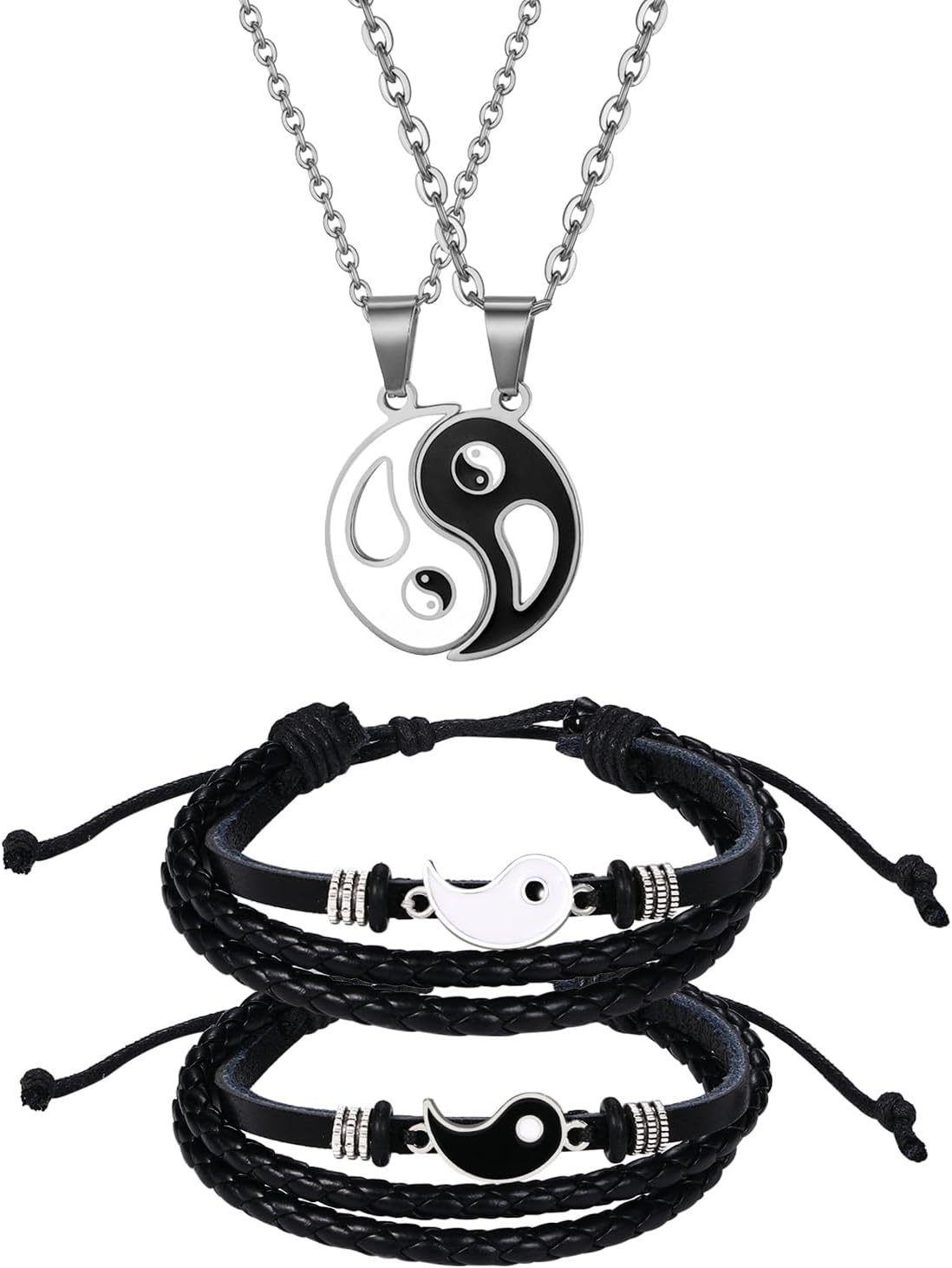 [Oidea] 陰と陽 カップル ブレスレット ネックレス セット: 調節可能 レザー ロープ バングル 手織り 腕輪 マッチング ペンダント-バレンタインデー 恋人 友達 誕生日 ギフト