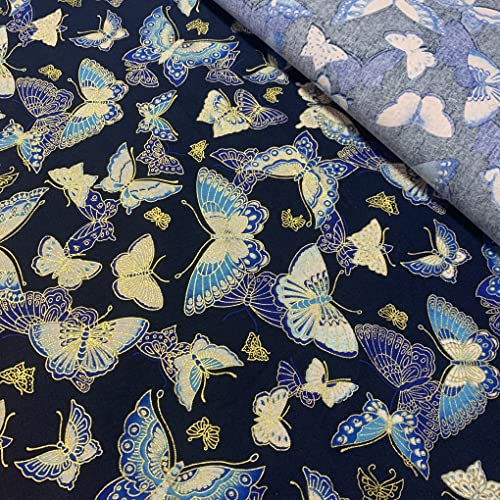 Jukway LfM 1 tissu en coton au mètre, 145 cm de large, 100 % coton à coudre Fleurs dorées bronzantes, tissu au mètre, motif de coton, matelassage, décoration à faire soi-même (bleu marine - papillon) Cover