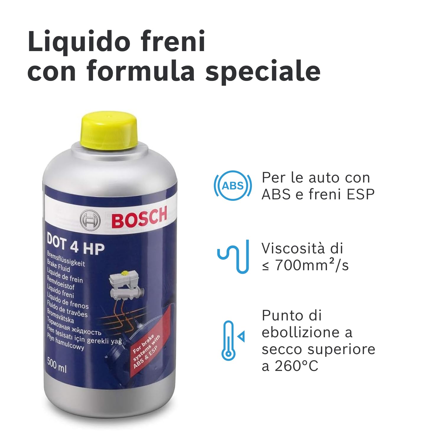 Liquido Freni Bosch DOT 4 HP, 0,5 L – Per tutti i veicoli moderni con freni ABS e ESP