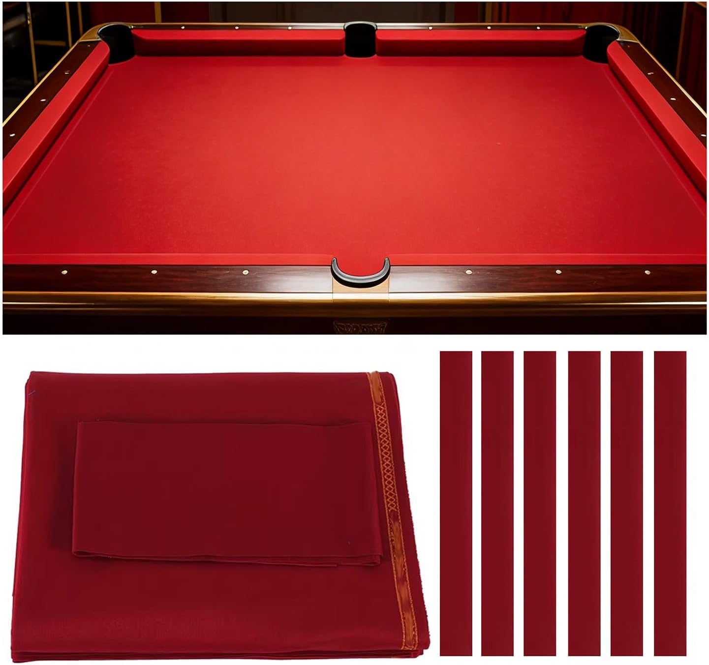 9ft Pool Table Felt with 6 Cloth Strips Pre Cut Worsted Blend Billiard Table Cloth Felt for American Nine-Ball Pool Tables